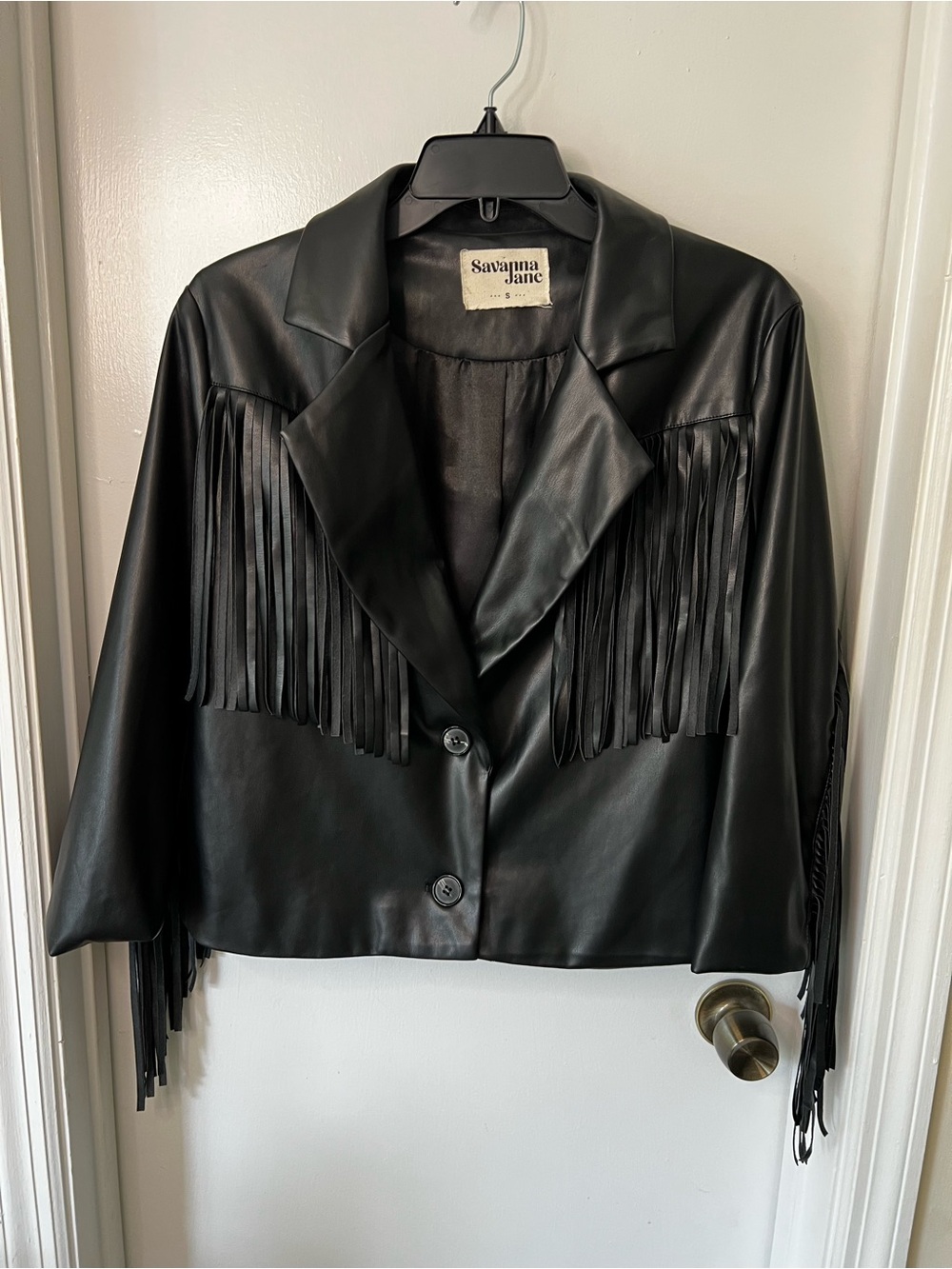 Savanna Jane Black Faux Leather Fringe Coat